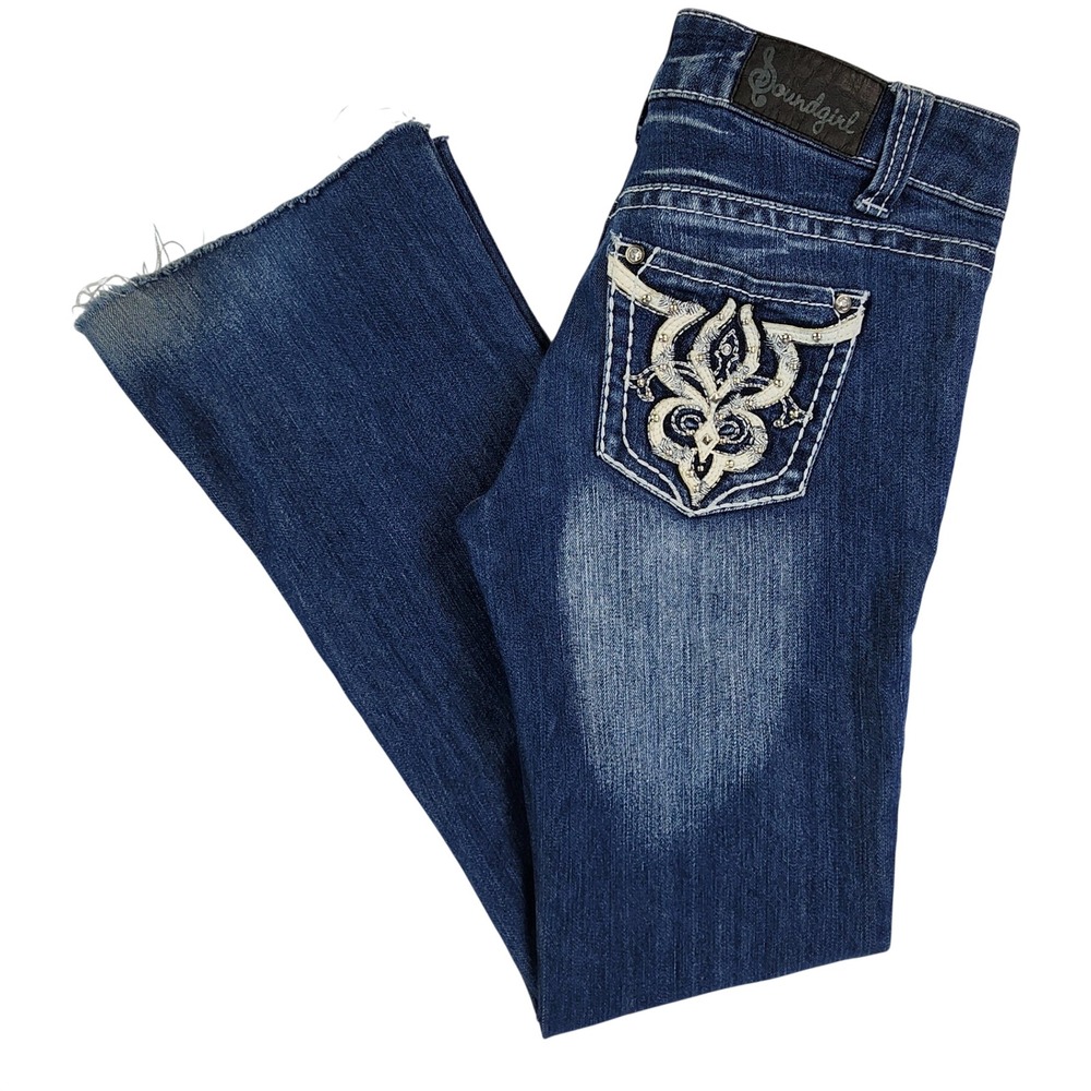Soundgirl Blue Bootcut Jeans Women Size 5 Y2K Western Boho Embellished Raw Hem